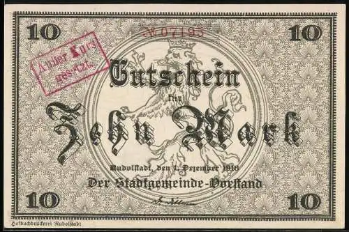 Notgeld Rudolstadt, 1918, 10 Mark, Gutschein mit Löwe und Kinderillustration rückseitig