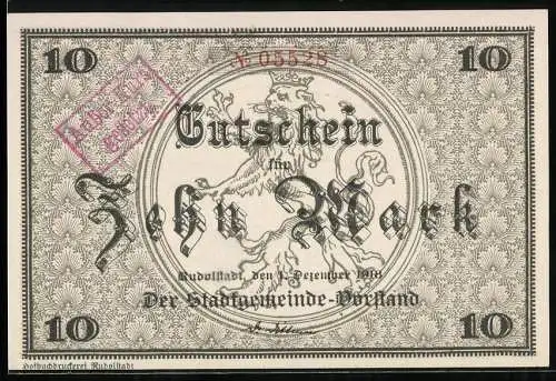 Notgeld Rudolstadt 1918, 10 Mark, Gutschein mit Löwenwappen und Kinder mit Obstkorb