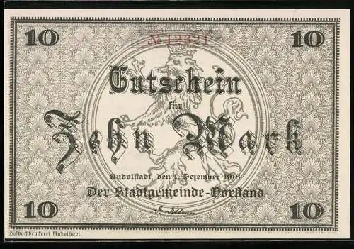 Notgeld Rudolstadt 1918, 10 Mark, Gutschein mit Löwenwappen und spielenden Kindern