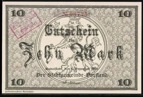 Notgeld Rudolstadt 1918, 10 Mark, Gutschein der Stadtgemeinde-Hofland mit Kinderzeichnung auf Rückseite