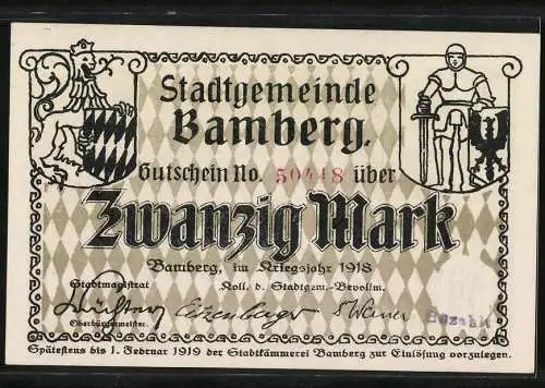 Notgeld Bamberg, 1918, 20 Mark, Gutschein No. 50418, Stadtgemeinde Bamberg, Zwanzig Mark im Kriegsjahr 1918