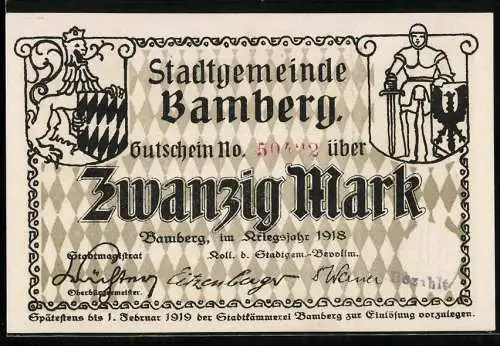 Notgeld Bamberg, 1918, Zwanzig Mark, Stadtsilhouette und Figuren