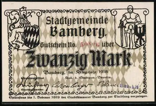 Notgeld Bamberg 1918, Zwanzig Mark, Stadtgemeinde Gutschein mit Rittern und Stadtansicht