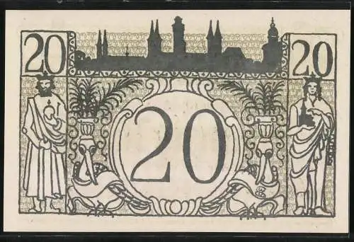 Notgeld Bamberg 1918, Zwanzig Mark, Stadtgemeinde Gutschein mit Rittern und Stadtansicht