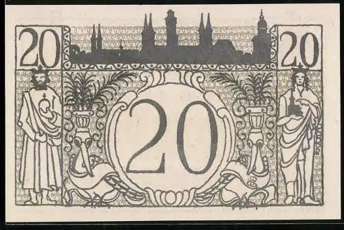 Notgeld Bamberg, 1918, 20 Mark, Stadtsilhouette und zwei Figuren, ausgestellter Gutschein