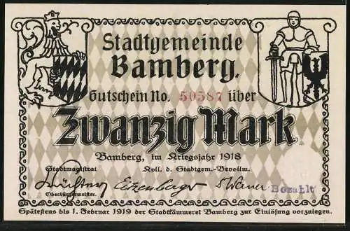 Notgeld Bamberg, 1918, 20 Mark, Stadtsilhouette und zwei Figuren, ausgestellter Gutschein