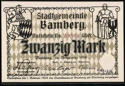 Notgeld Bamberg 1918, Zwanzig Mark, Stadtwappen und Ritter mit Schwert, Stadtsilhouette im Hintergrund