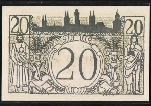 Notgeld Bamberg 1918, Zwanzig Mark, Stadtwappen und Ritter mit Schwert, Stadtsilhouette im Hintergrund