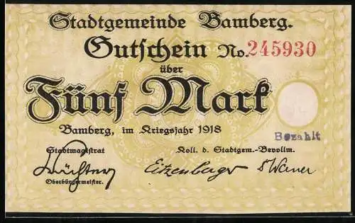 Notgeld Bamberg 1918, 5 Mark, Stadtgemeinde Gutschein Nr. 245930, Motiv mit Bauwerk und Verzierungen