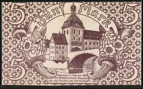 Notgeld Bamberg 1918, 5 Mark, Stadtgemeinde Gutschein Nr. 245930, Motiv mit Bauwerk und Verzierungen