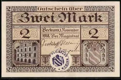 Notgeld Beckum 1918, Zwei Mark, Stadtansicht und Stadtwappen, Oh! Sancta simplicitas!