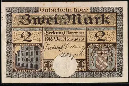 Notgeld Beckum 1918, 2 Mark, Gutschein über zwei Mark, Gebäude und Wappen, Rückseite mit Ziege und Stadtszene