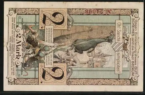 Notgeld Beckum 1918, 2 Mark, Gutschein über zwei Mark, Gebäude und Wappen, Rückseite mit Ziege und Stadtszene