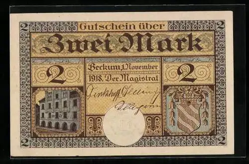Notgeld Beckum 1918, Zwei Mark, Gutschein über 2 Mark mit Stadtwappen und Gebäudeabbildung. Rückseite Nummer 34670