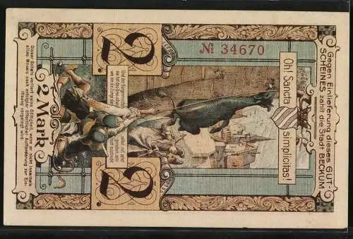 Notgeld Beckum 1918, Zwei Mark, Gutschein über 2 Mark mit Stadtwappen und Gebäudeabbildung. Rückseite Nummer 34670