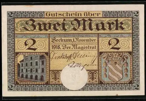 Notgeld Beckum, 1918, 2 Mark, Gebäude und Wappen auf Vorderseite, Ziege und Menschen auf Rückseite