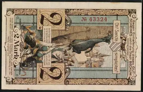 Notgeld Beckum, 1918, 2 Mark, Gebäude und Wappen auf Vorderseite, Ziege und Menschen auf Rückseite