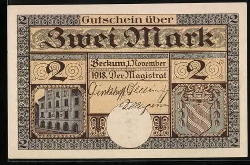 Notgeld Beckum, 1918, 2 Mark, Gutschein über Zwei Mark, Gebäude und Wappen, Rückseite mit Kuh und Stadtansicht