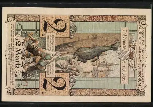 Notgeld Beckum, 1918, 2 Mark, Gutschein über Zwei Mark, Gebäude und Wappen, Rückseite mit Kuh und Stadtansicht