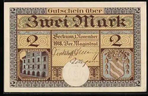 Notgeld Beckum, 1918, 2 Mark, Gutschein über Zwei Mark mit Gebäude und Wappen, Rückseite mit Ziege und Stadtansicht