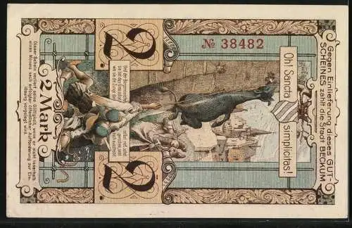 Notgeld Beckum, 1918, 2 Mark, Gutschein über Zwei Mark mit Gebäude und Wappen, Rückseite mit Ziege und Stadtansicht