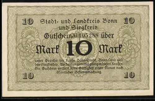 Notgeld Bonn, 10 Mark, Stadt- und Landkreis Bonn und Siegkreis, Gutschein Nr. 105288, grüne Verzierung, Wertlos
