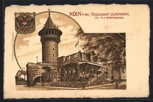 Lithographie Köln-Neustadt, Restaurant Ulrepforte von P. J. Mattausch, Wappen