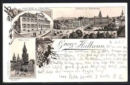 Lithographie Heilbronn, Hotel Falken, Kilians-Kirche, Strassenpartie an der Neckarbrücke