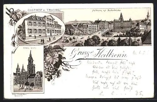 Lithographie Heilbronn, Gasthof zur Traube, Ortspartie mit Neckarbrücke, Kilians-Kirche