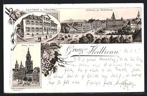 Lithographie Heilbronn, Hotel Falken, Neckarbrücke, Kilians-Kirche