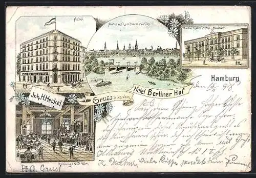 Lithographie Hamburg-St.Georg, Hotel Berliner Hof, Innenansicht, Naturhistorisches Museum