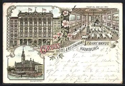 Lithographie Hamburg, Hotel & Restaurant Fahrenkrug mit Saal, Rathaus