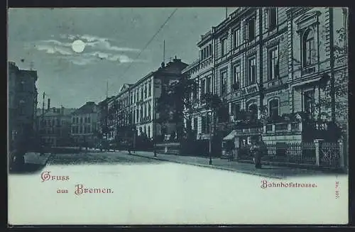 Mondschein-AK Bremen, Bahnhofstrasse mit Hotel Stadt Hamburg