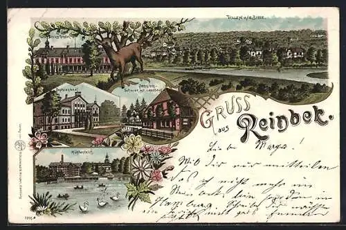 Lithographie Reinbek, Pension Scherer mit Landhaus, Sophienbad und Schloss Reinbek