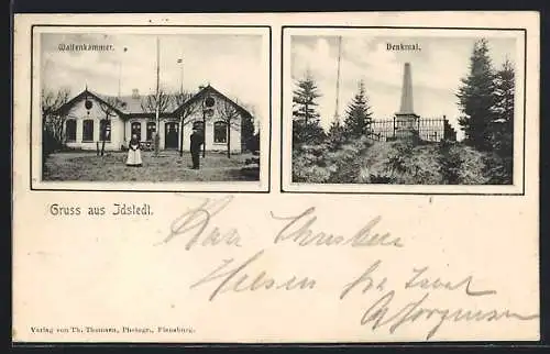 AK Idstedt, Gasthaus Waffenkammer mit Wirtsleuten, Denkmal