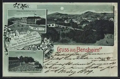 Mondschein-Lithographie Bensheim a. B., Hotel zum Deutschen Haus F. van Gries, Garten mit Kaisersaal, Ortsansicht