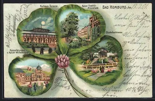 Passepartout-Lithographie Bad Homburg, Kurhaus-Terrasse, Kaiser-Friedrich-Promenade, Kleeblatt