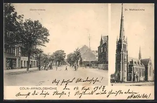 AK Köln-Raderthal, Bonnerstrasse mit Geschäften, St. Mathiaskirrche