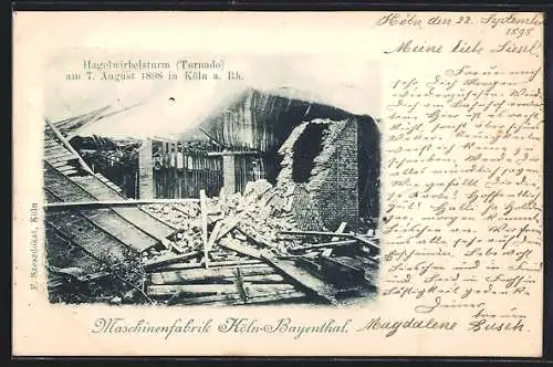 AK Köln-Bayenthal, Hagelwirbelsturm / Tornado 1898, Zerstörte Maschinenfabrik