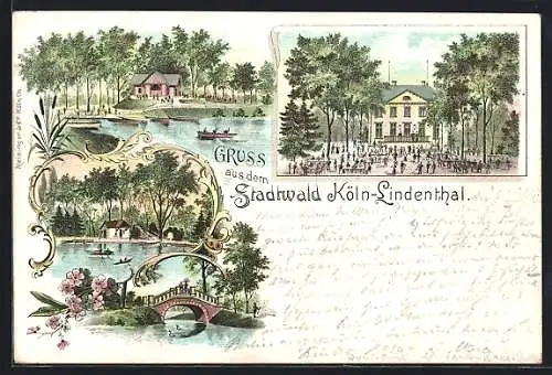 Lithographie Köln-Lindenthal, Gasthaus im Stadtwald, Bootspartie, Brückenpartie