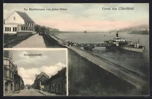 AK Köln-Niehl, Gasthaus zur Rheinterrasse A. Häkes mit Uferstrasse u. Anleger mit Rheindampfer, Sebastianstrasse