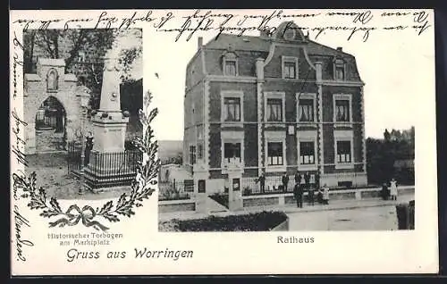 AK Köln-Worringen, Historischer Torbogen u. Denkmal am Marktplatz, Rathaus