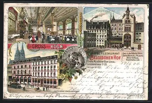 Lithographie Köln a. Rh., Hotel-Restaurant Belgischer Hof, Comödienstr. 15-25, Haupteingang, Eingang Burgmauer-Dom, Saal