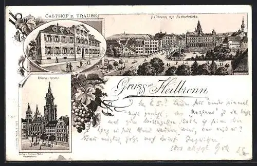 Lithographie Heilbronn, Hotel Falken, Neckarbrücke, Kilians-Kirche