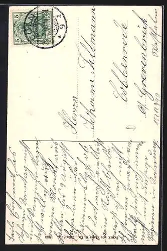 AK Köln, Hohepforte mit einer Frau die einen riesigen Hut trägt, Hutmode 1909