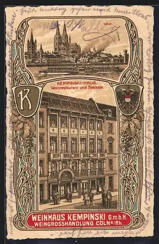 Lithographie Köln a. Rh., Wein-Restaurant und Festsäle Kempinski-Haus, Stadtansicht mit Dom