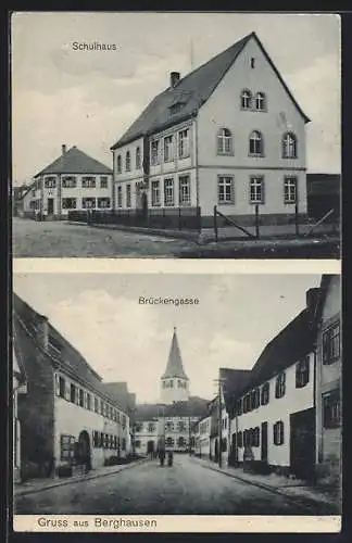 AK Berghausen / Baden, Schulhaus und Brückengasse