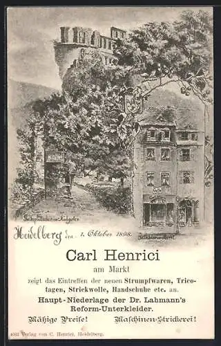 Künstler-AK Heidelberg / Neckar, Gasthaus Carl Henrici am Markt, Goetheplätzchen am Stückgarten