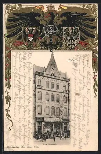 Passepartout-Lithographie Köln-Neustadt, Café-Restaurant Borussia mit Passanten, Wappen und Adler