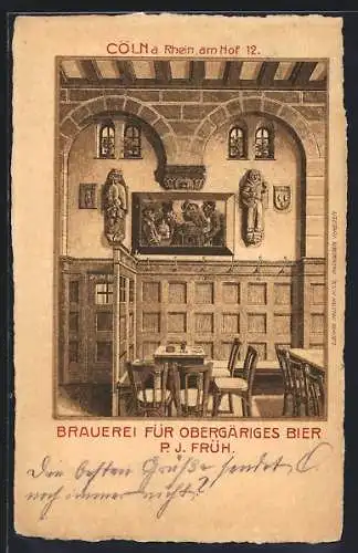 Lithographie Cöln a. Rhein, Restaurant P. J. Früh, Brauerei für Obergäriges Bier